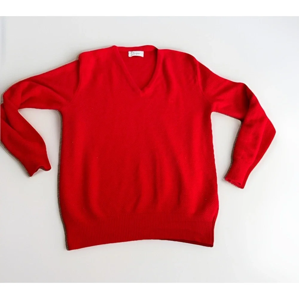 Vintage Christian Dior Red V Neck Sweater Made USA Large Quiet Luxury